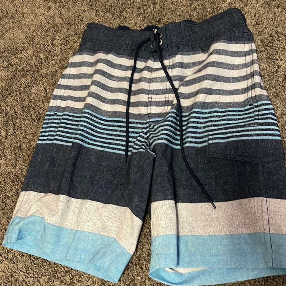 Blue and gray striped swim trunks